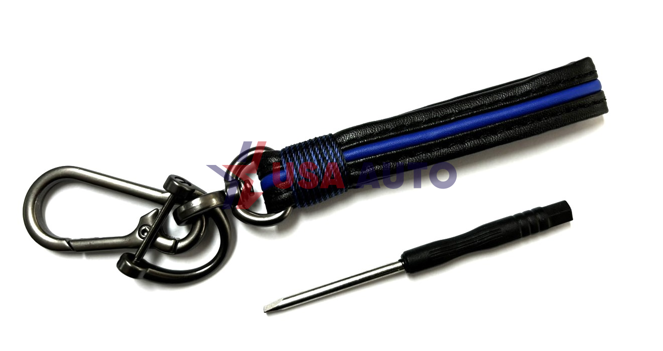 საკიდი გასაღების შავი ლურჯი ზოლით, ტყავი, სახრახნისით (ბრელოკი)