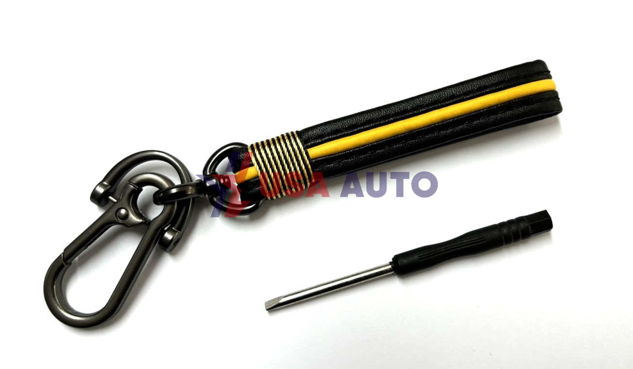 საკიდი გასაღების შავი ყვითელი ზოლით, ტყავი, სახრახნისით (ბრელოკი)