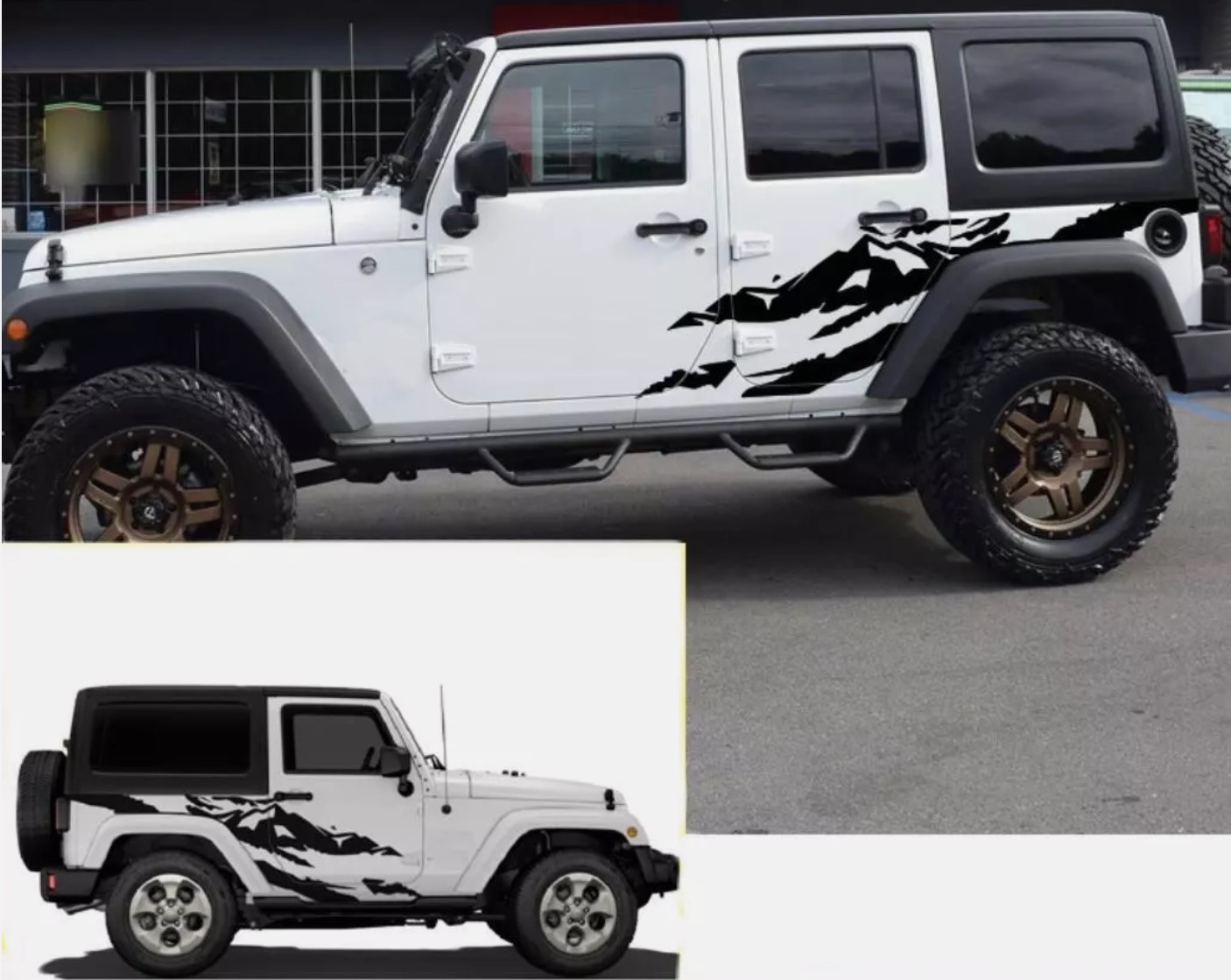 სტიკერი JEEP WRANGLER (4 კარიანი) გვერდებზე (კომპლექტი-2ც) შავი პრიალა